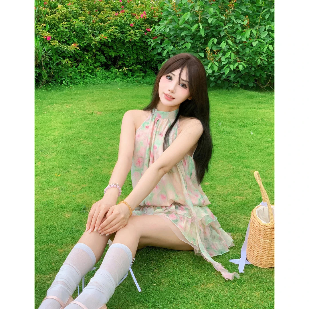 COCO YVONNE碎花辣妹夏季挂脖印花甜美气质连衣裙ins两件套纯欲