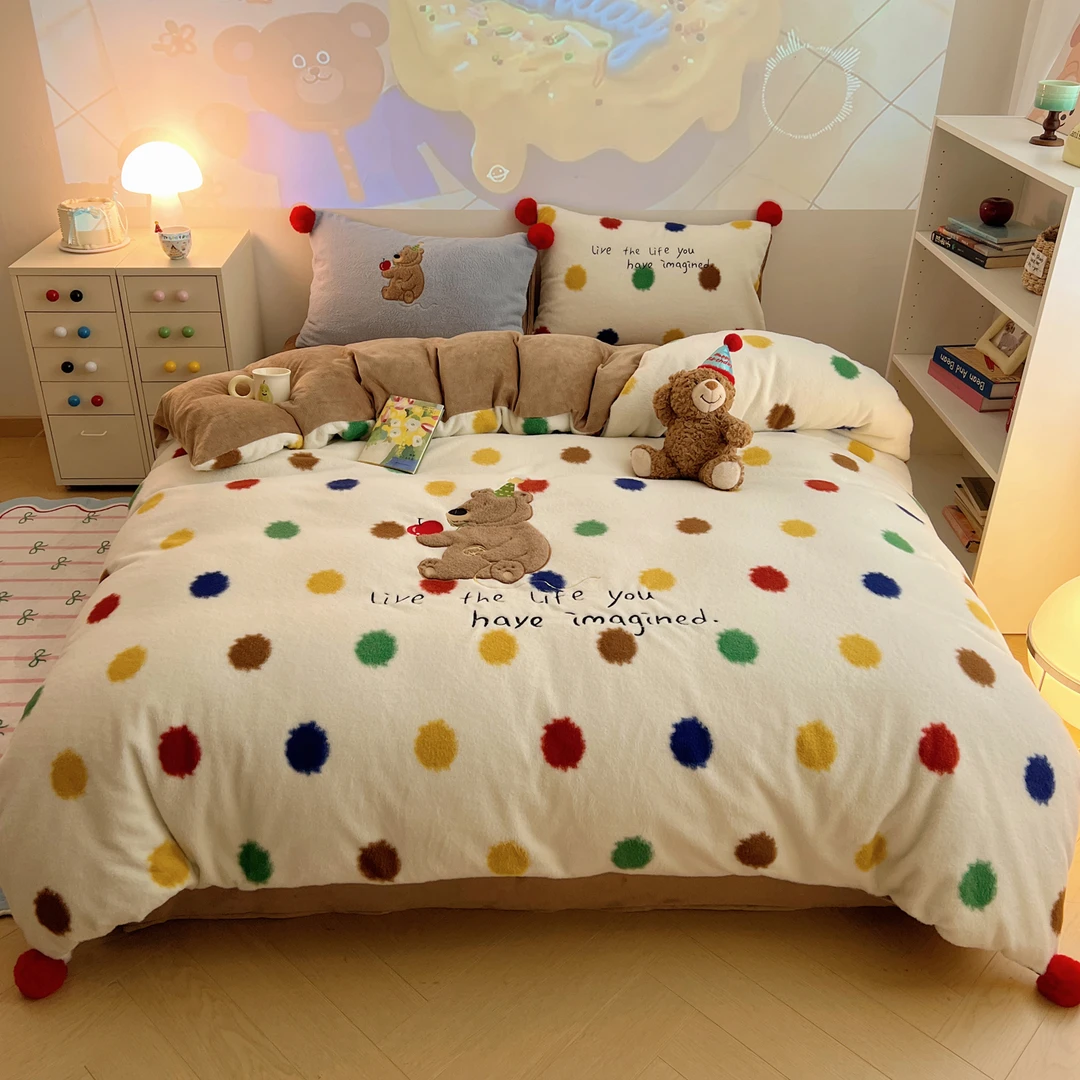 彩色波点熊仿羊绒四件套加厚牛奶绒亲肤珊瑚绒被套学生三件套床单
