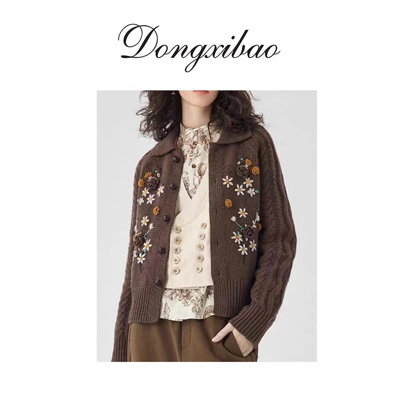 【烟然】复古感手工立体绣花翻领纯山羊绒针织开衫外套