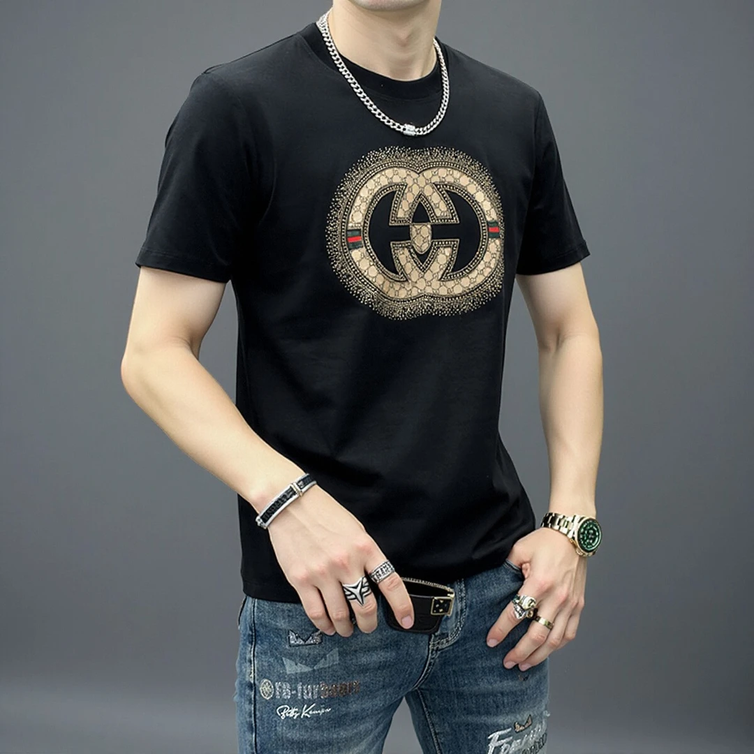 夏季新款短袖T恤男韩版潮流修身老G亮片烫钻潮牌帅气丝光棉半袖