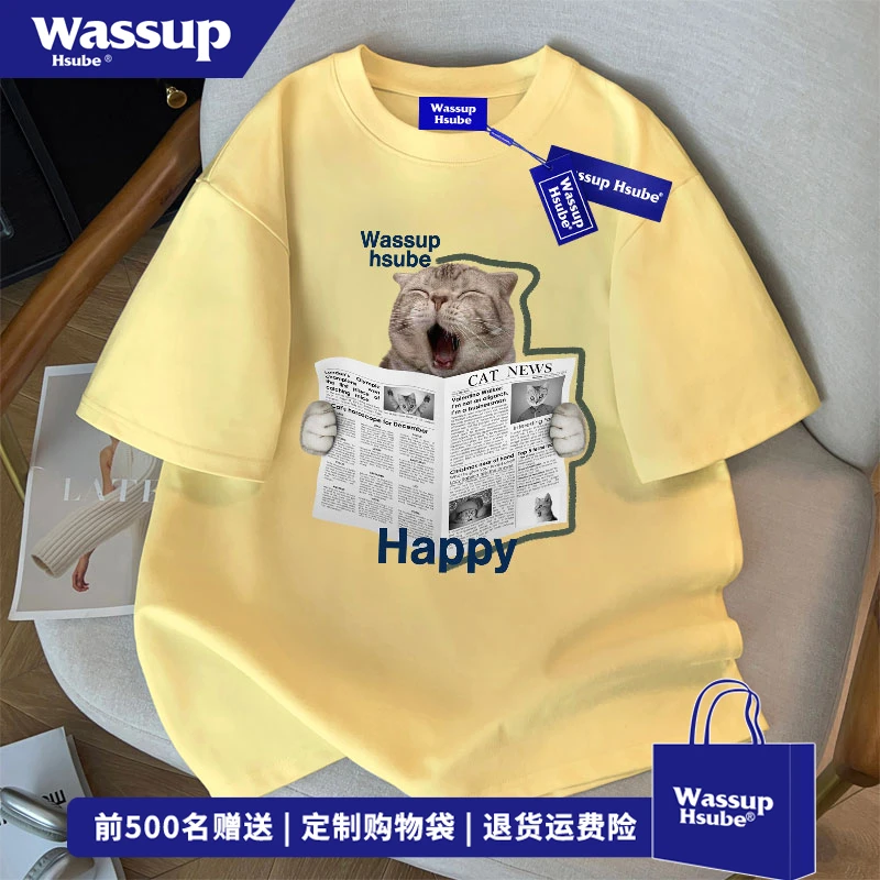 WASSUP HSUBE 街头风嘻哈创意潮流短袖T恤男夏季看报小猫正肩上衣
