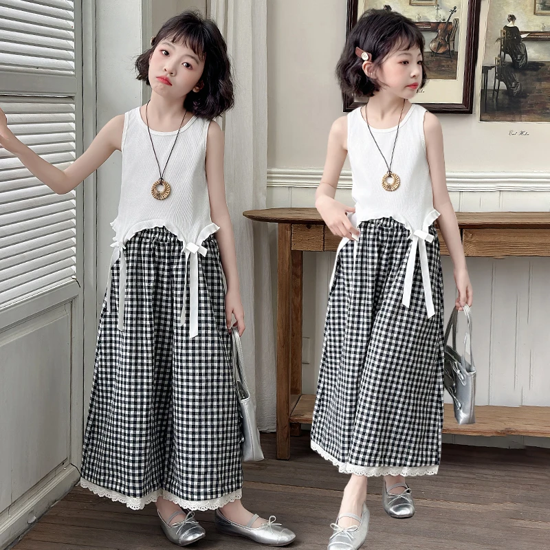 女童夏季无袖套装2025新款女孩休闲背心t恤中大童蕾丝花边格子裤