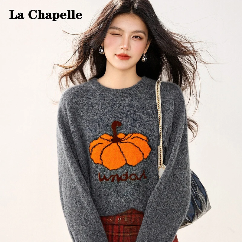 拉夏贝尔韩系高级感南瓜提花毛衣女2026春秋款显瘦软糯针织衫上衣
