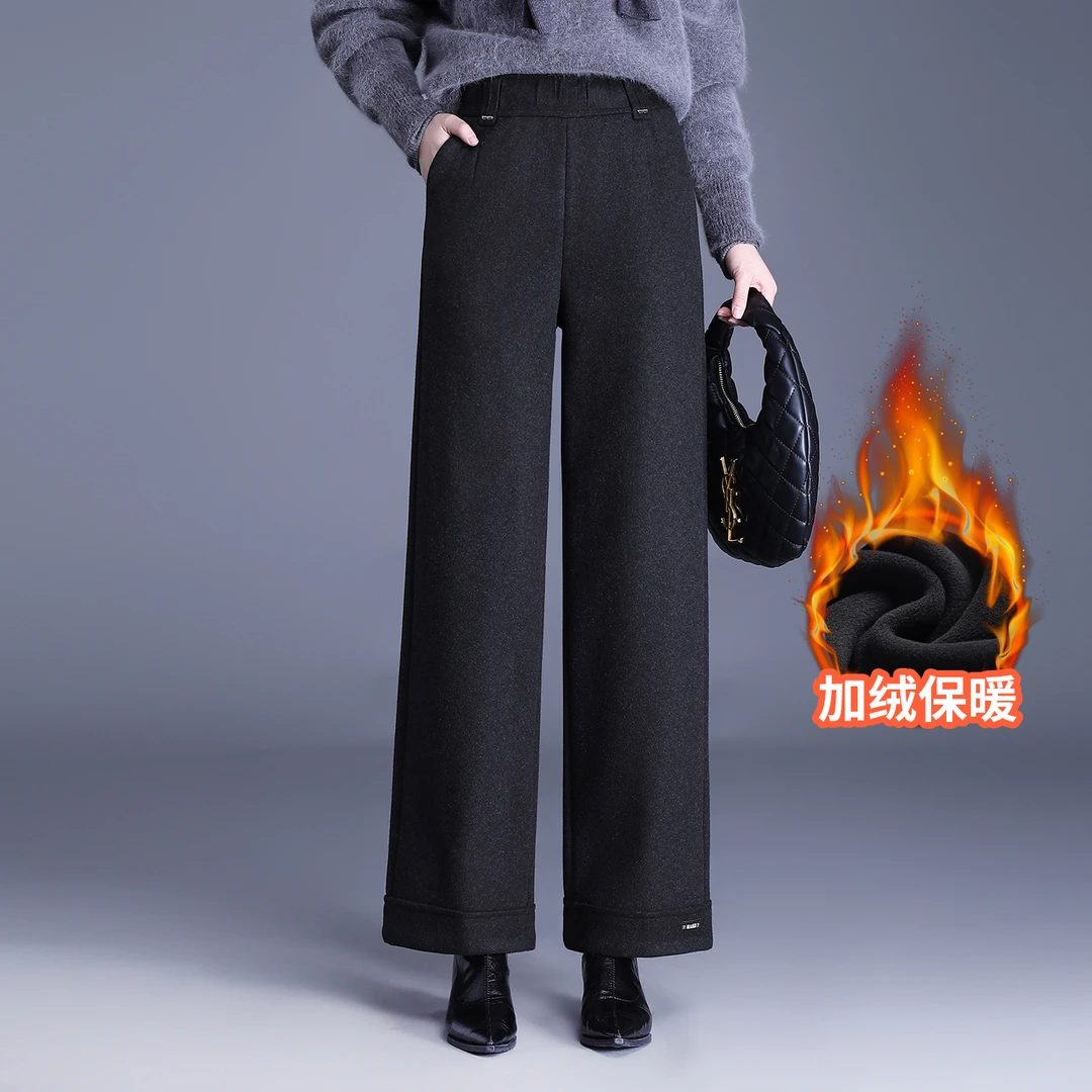 加厚羊毛呢阔腿裤女洋气中年女士加绒裤子冬季新款高腰直筒休闲裤