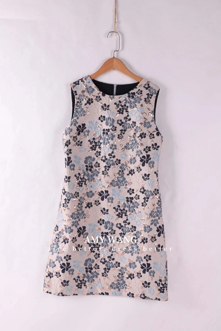 夏季新款重工提花复古时尚显瘦气质名媛无袖A字连衣裙