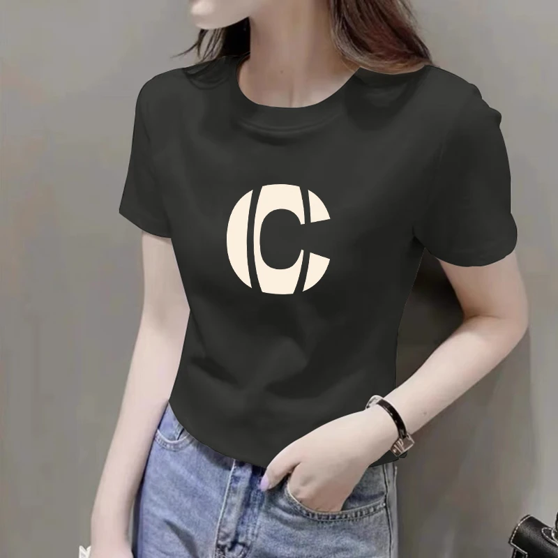 正肩显瘦短袖女t恤女夏季胖mm大码圆领印花体恤百搭修身半袖上衣