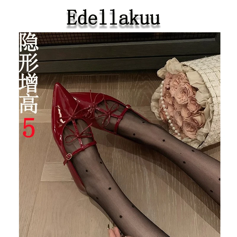 隐形增高5厘米~赫本晚宴~尖头蝴蝶结浅口平底玛丽珍单鞋女宴会鞋
