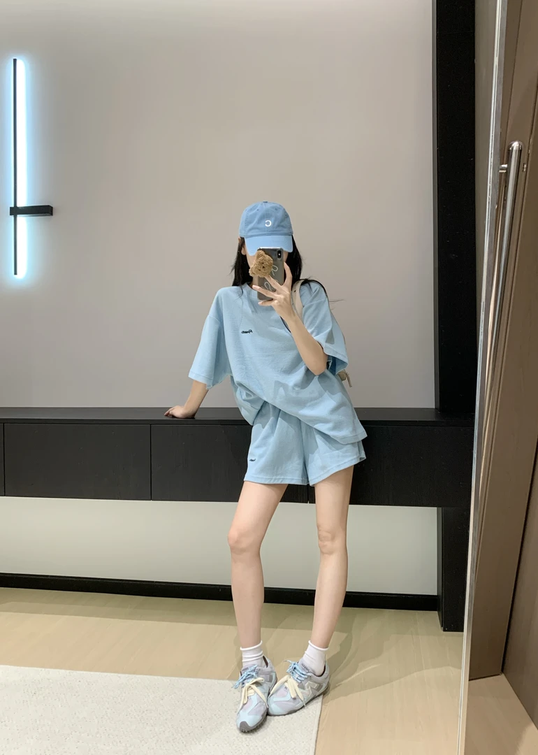 网红蓝色华夫格宽松短袖短裤套装女夏休闲运动T恤上衣减龄两件套