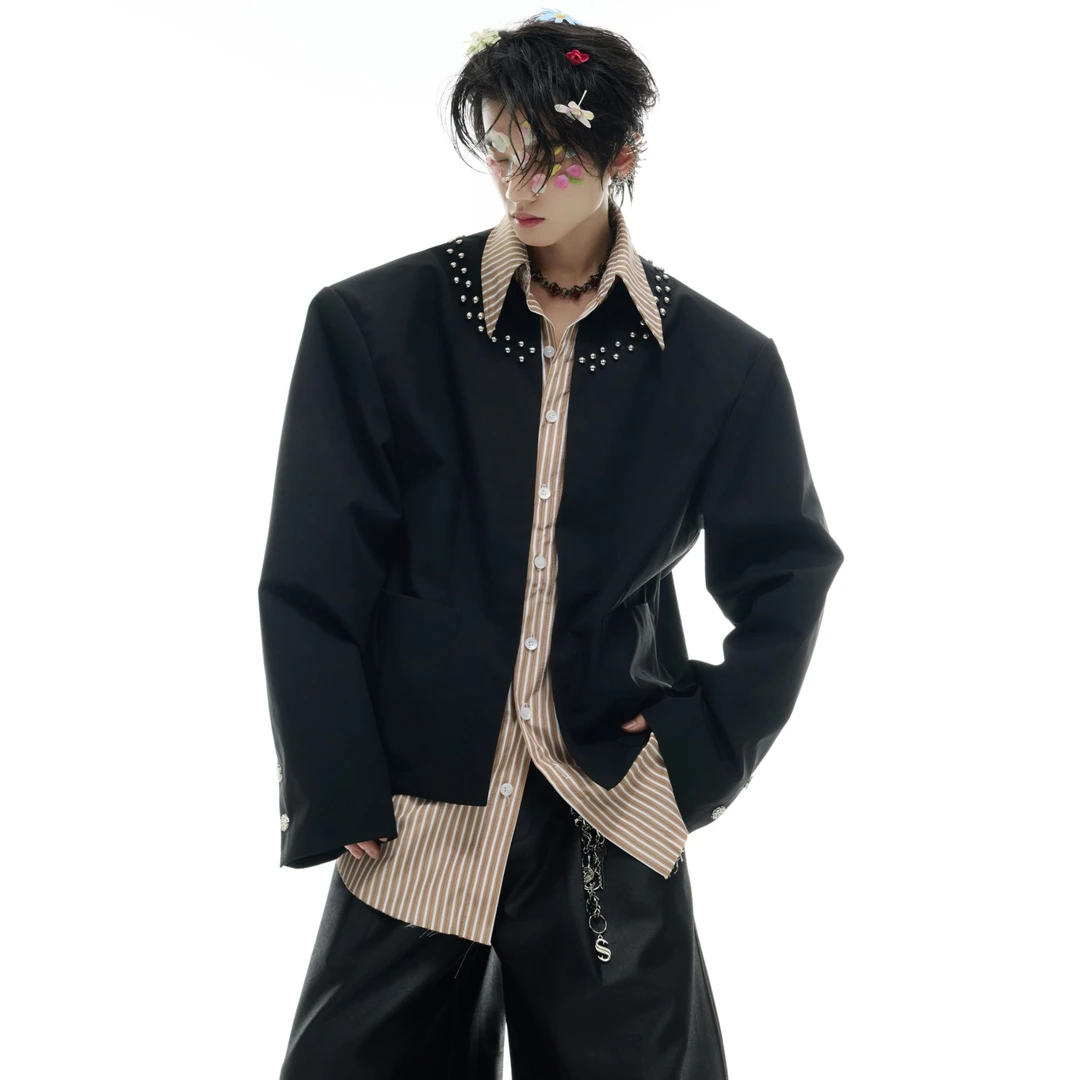 ArguE CulturE小众假两件条纹拼接衬衫男金属铆钉设计感薄款外套