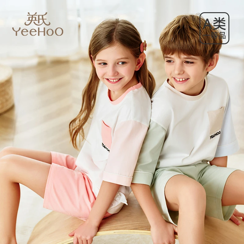 英氏儿童睡衣男童女童分体空调服中大童棉质短袖家居服夏季薄款M