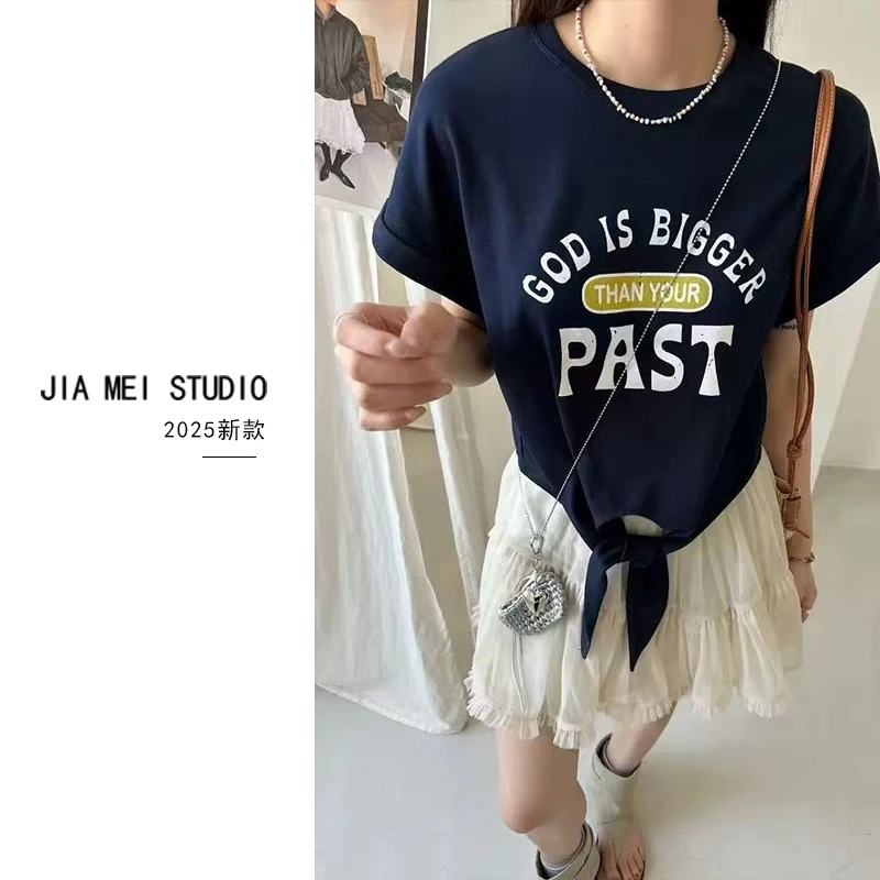 C076韩版夏季新款设计感小众系带显瘦百搭圆领字母印花短袖T恤女