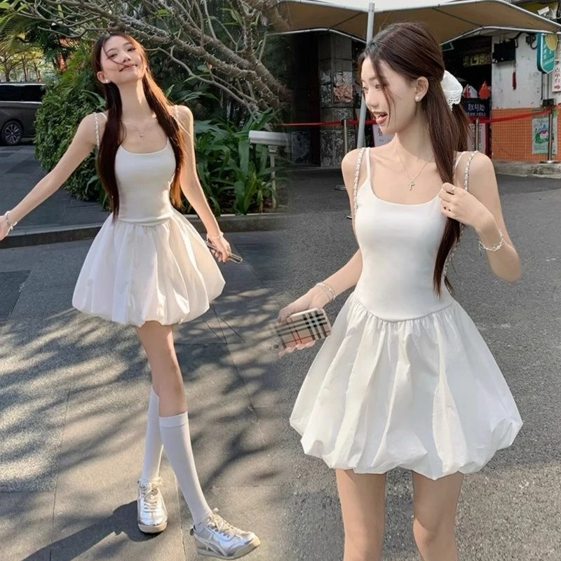 千语栀【夏至】白色吊带花苞短裙夏季收腰小白裙显瘦茶歇法式连衣裙