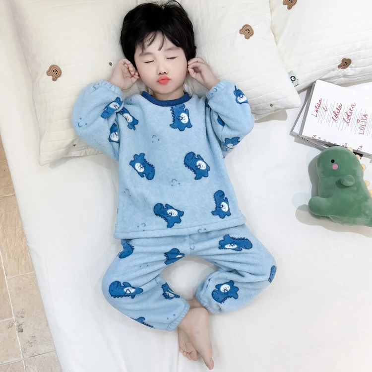 儿童家居服珊瑚绒套头分体秋冬季保暖萌娃宝宝男童法兰绒睡衣套装