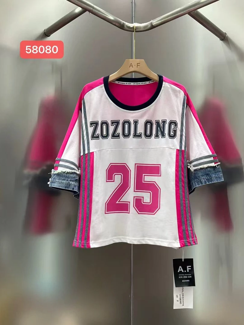 2025夏季新款韩版时尚拼接印花数字25圆领短袖T恤女