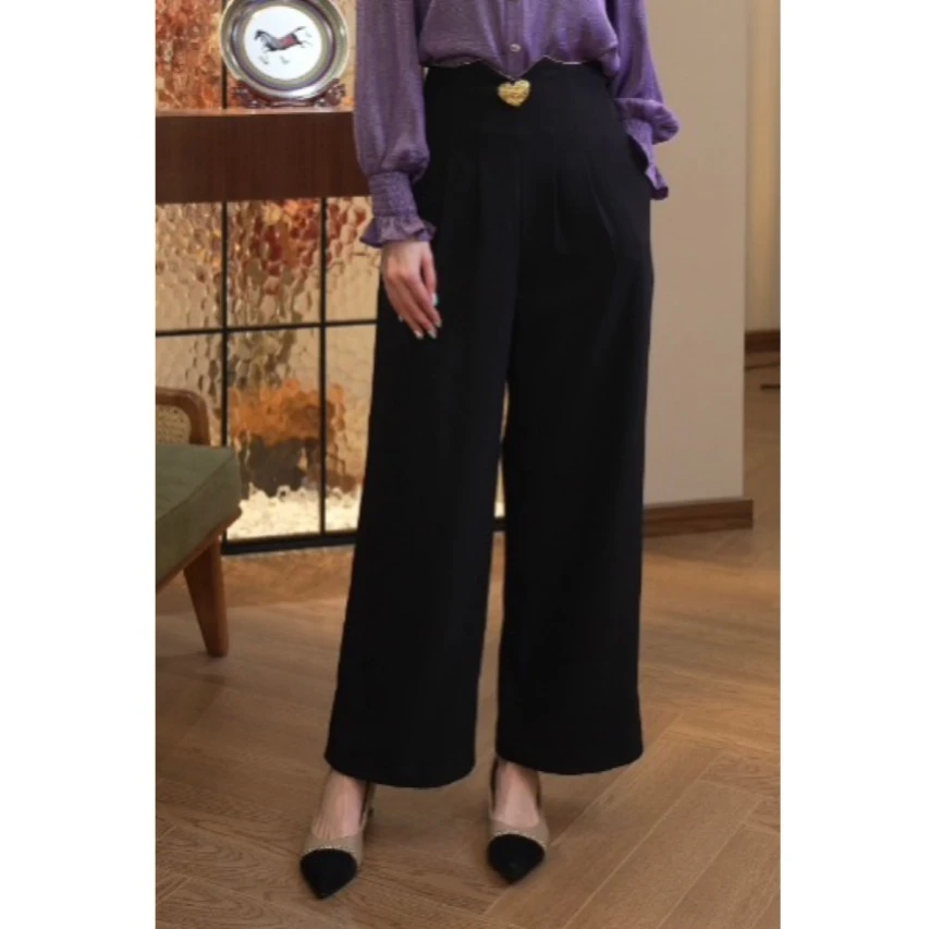 现货2025年新款【X-C361】法式高级小众黑色垂感百搭高腰直筒裤子女