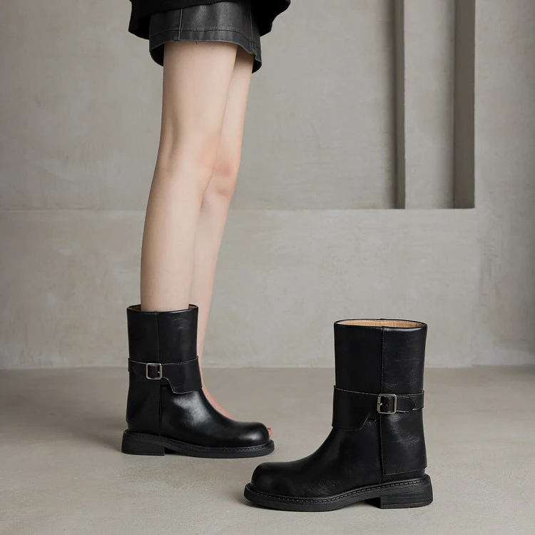 轻奢鞋子秋冬加绒厚底时尚百搭真皮粗跟圆头英伦风女靴 气质女人