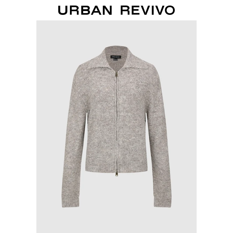 UR2026春季新款女装休闲简约翻领拉链短款针织开衫UWH950147