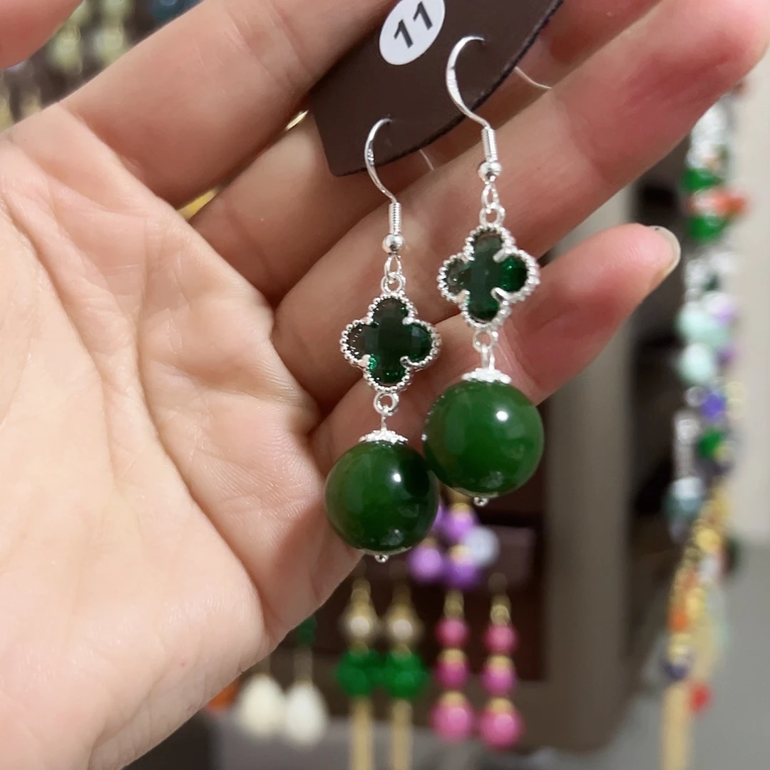 银S925镶嵌耳钉玛瑙/玉髓绿色