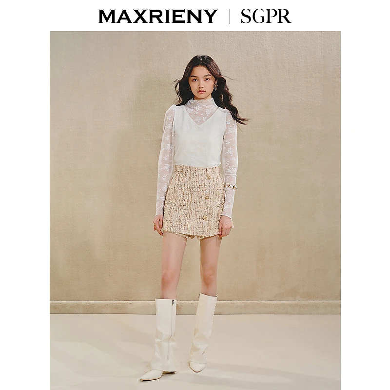 【商场同款】MAXRIENY精致复古感收腰A字花纱24秋冬高腰裙裤雅丹风