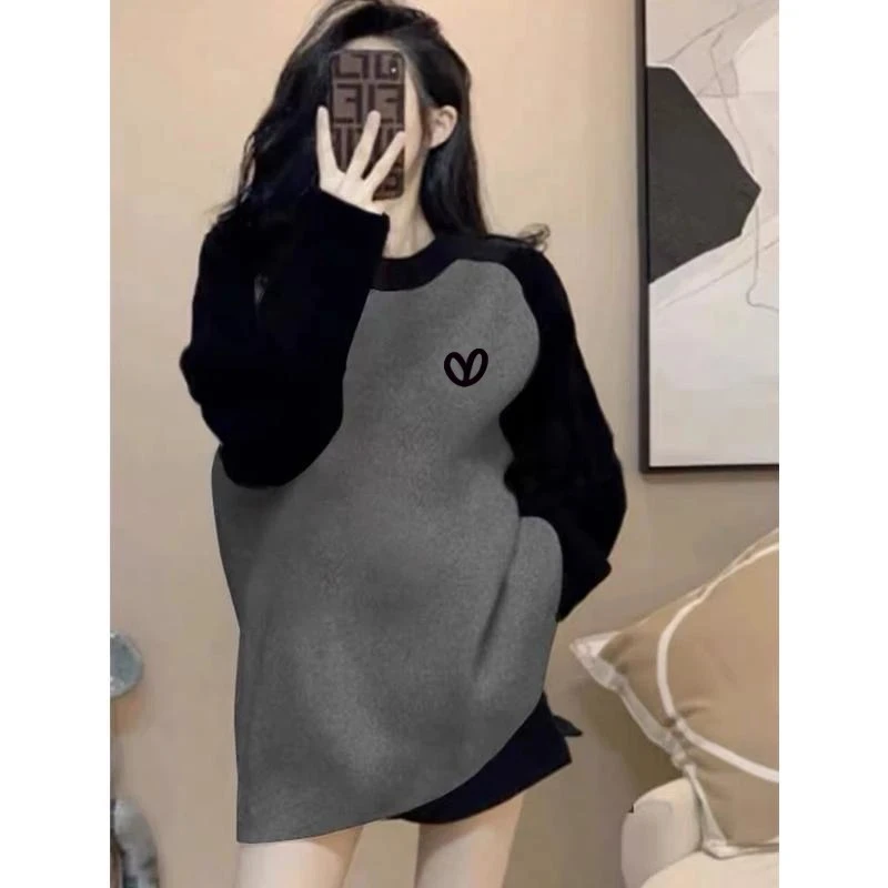 德绒磨毛保暖中长款遮屁股插肩拼接撞色长袖t恤女宽松打底衫秋冬