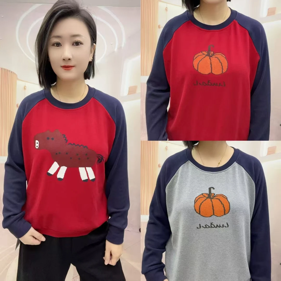 圆领时尚拼色小马，南瓜打底衫~3383