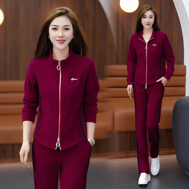 酒红色时尚休闲运动套装女春秋季新款韩版显瘦减龄洋气两件套装