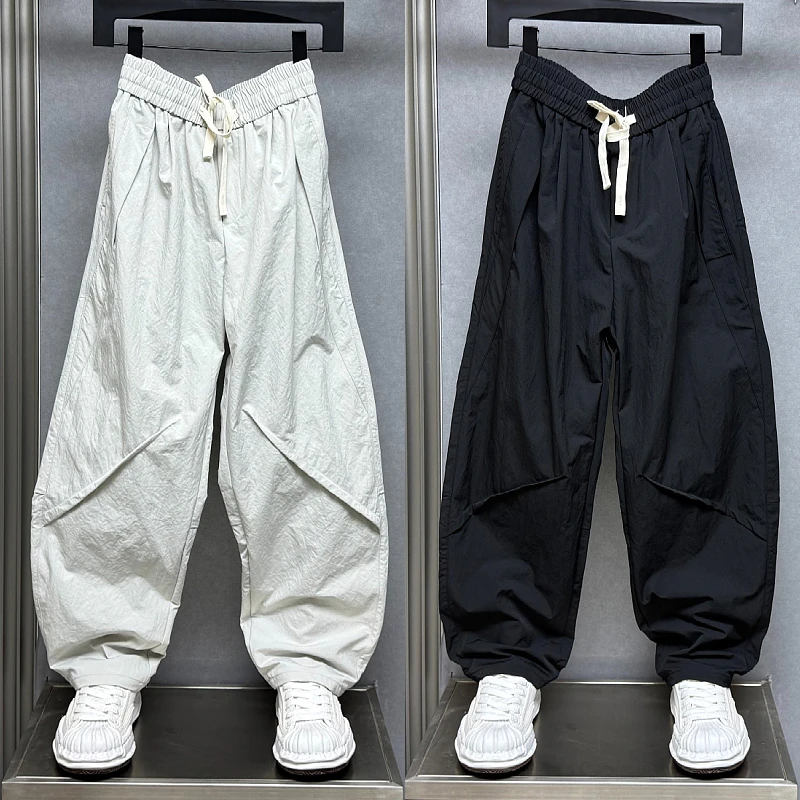 2025夏季薄款速干休闲百搭直筒裤男士潮流宽松阔腿拼接褶皱休闲裤