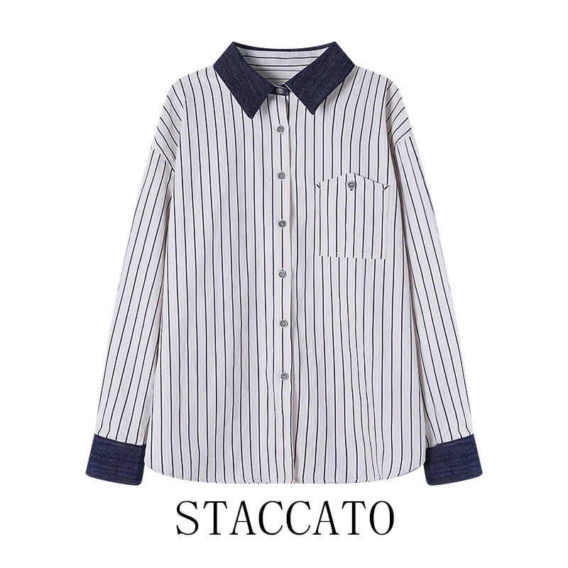 STACCATO2025春季撞色翻领衬衫女通勤POLO领休闲拼接牛仔衬衣