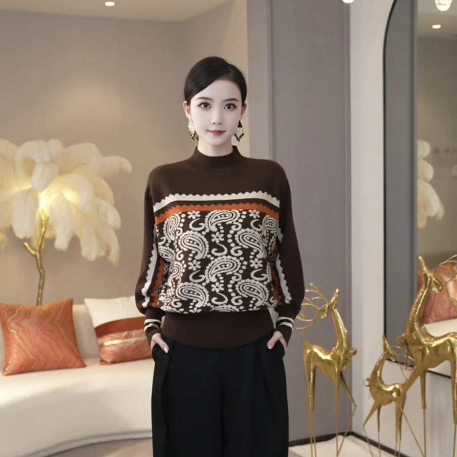 时尚气质套头拼色针织衫洋气上衣2024秋冬新款百搭上锈毛衣打底衫