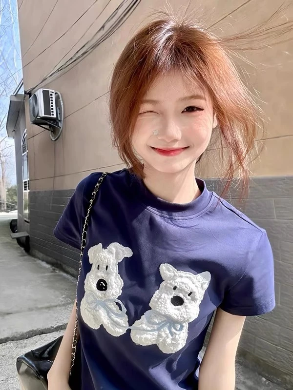 美式复古可爱贴布毛巾绣小狗短袖t恤女夏季正肩修身纯棉百搭上衣