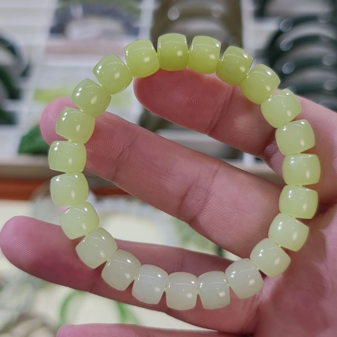 和田玉未镶嵌手链8×10高冰黄口渐变直切和田玉手串×1