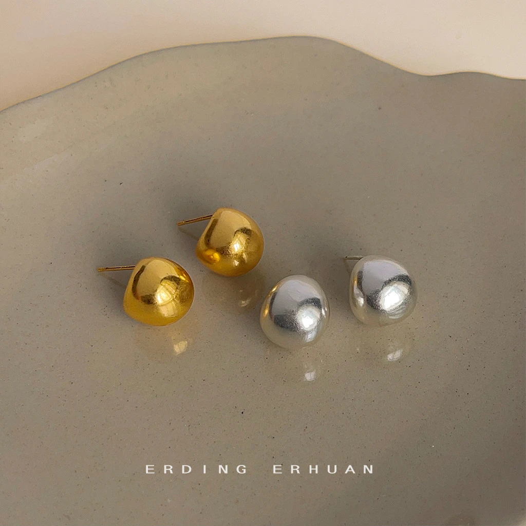 铜合金耳饰 磨砂做旧感！金豆豆925银针镀14K简约耳钉气质