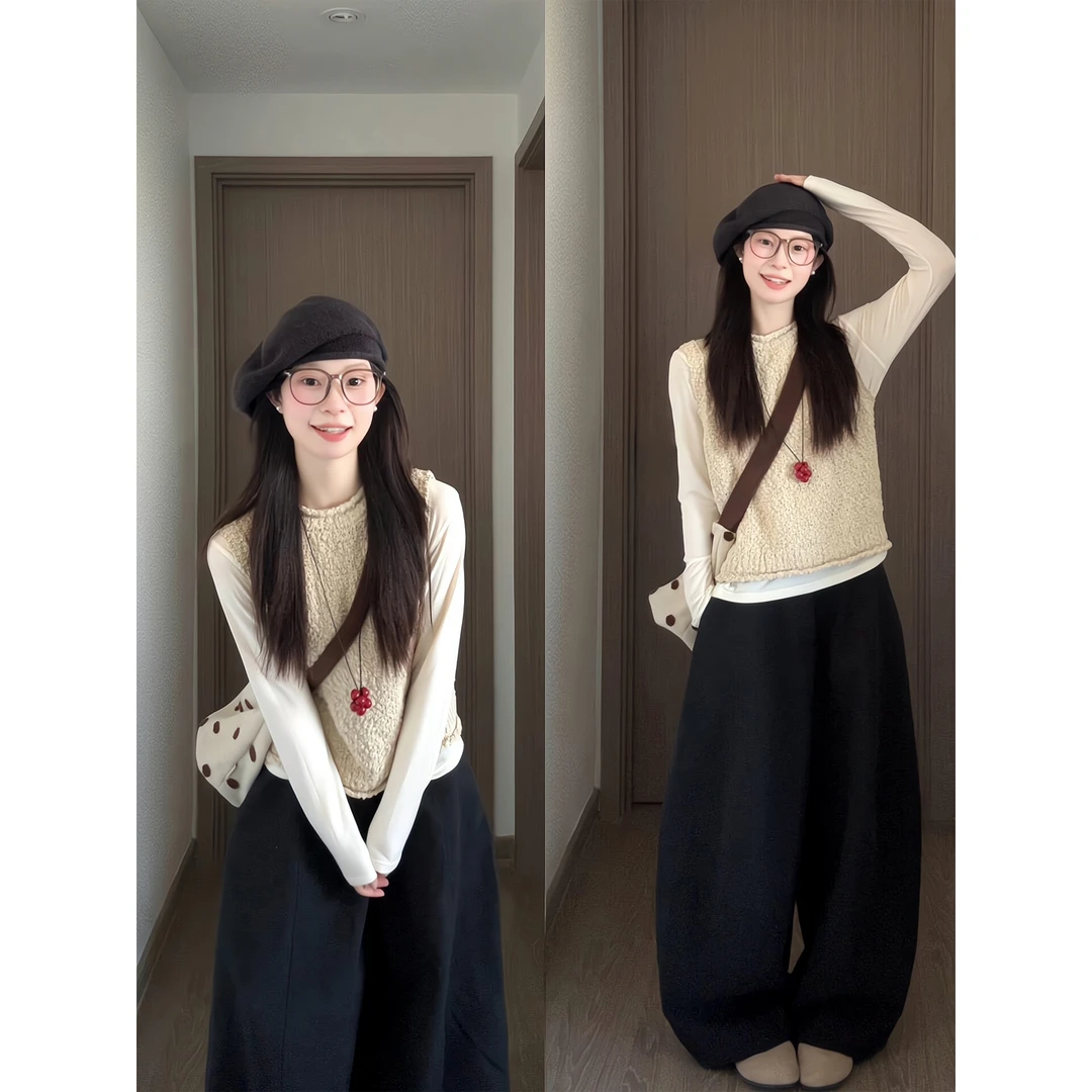 巨好看的早秋一整套休闲套装女针织马甲叠穿T恤高腰阔腿裤三件套