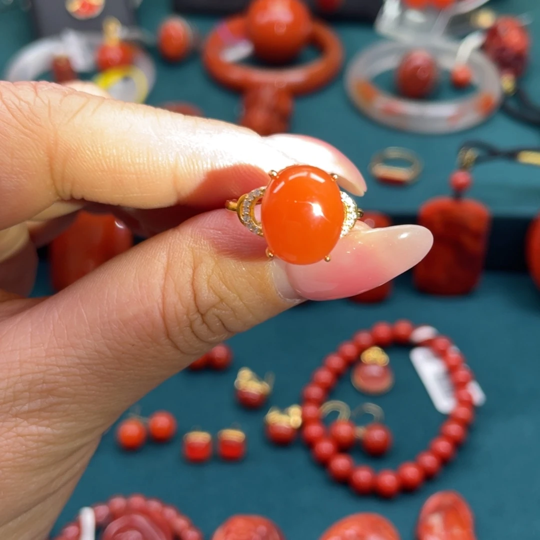 南红玛瑙银S925镶嵌保山南红蛋面戒指