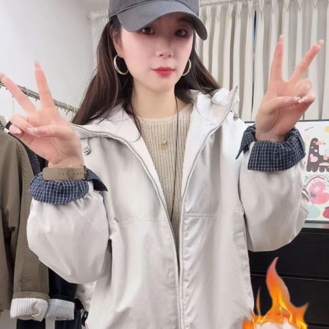 韩版时尚加绒加厚秋冬新款连帽时尚百搭女宽松长袖时尚厚外套