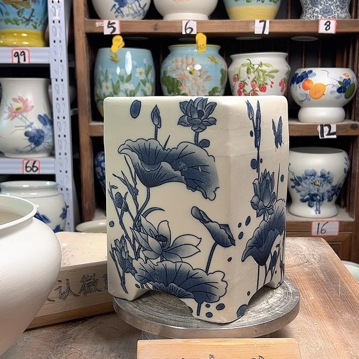 陶四方盆荷花微瑕陶瓷