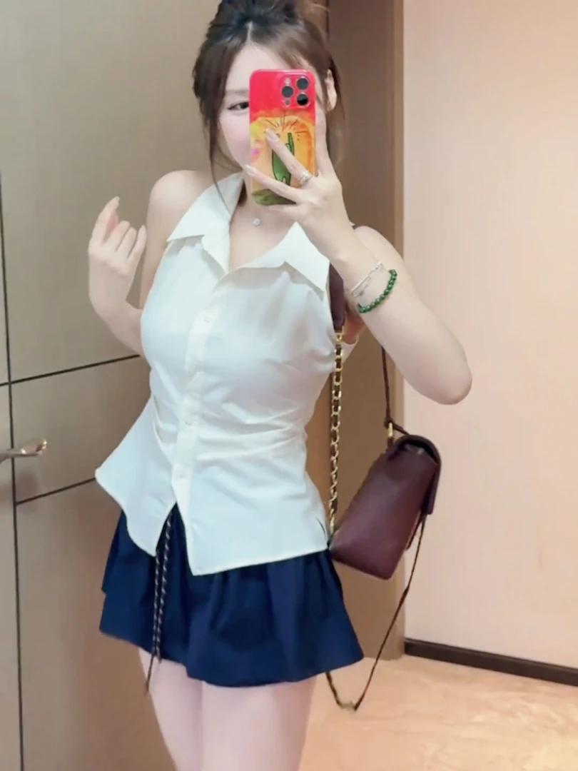 大码女装法式无袖挂脖收腰衬衫裙裤两件套夏季胖mm巨显瘦气质套装