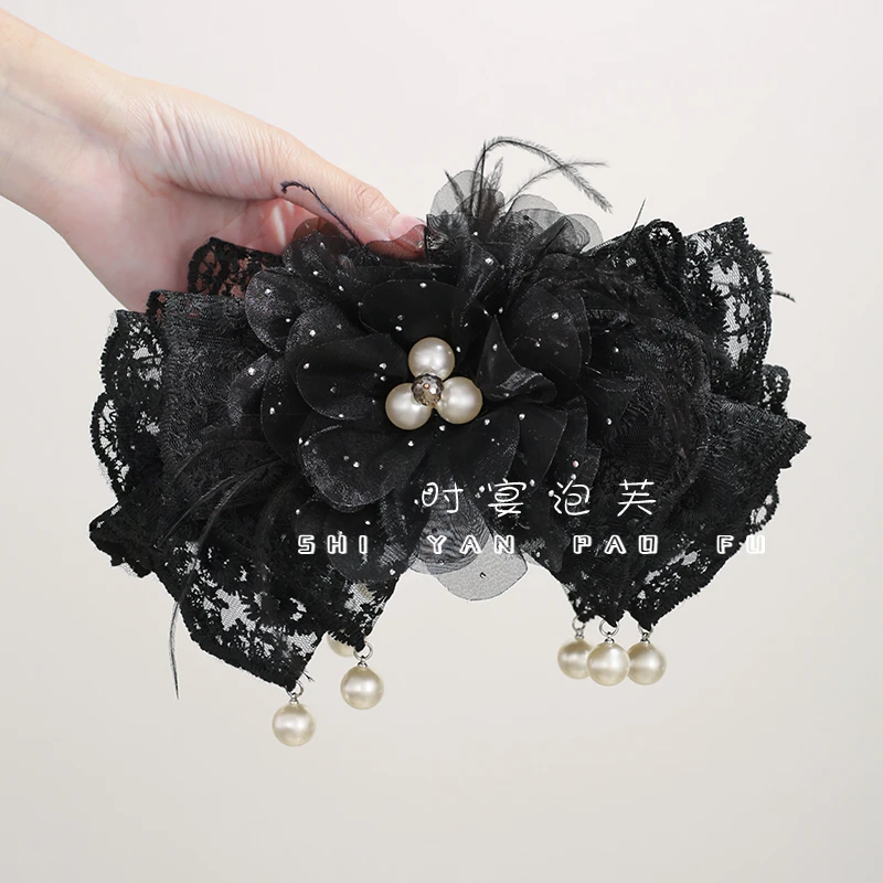 【书卷一梦】抓夹蕾丝小香风珠珠羽毛发夹原创气质大家闺秀鲨鱼夹女