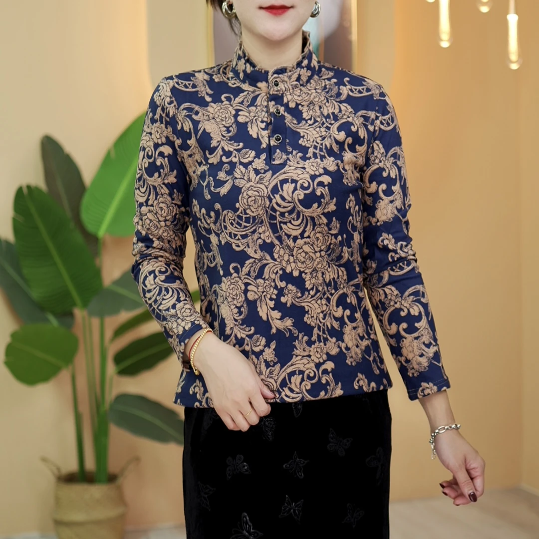 打底妈妈装秋冬款立领时尚保暖显瘦小衫中老年女内搭加绒长袖t恤