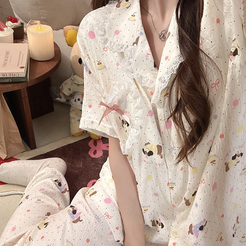 七彩泡泡狗带胸垫睡衣女夏2025新款泡泡棉短袖长裤夏天家居服套装