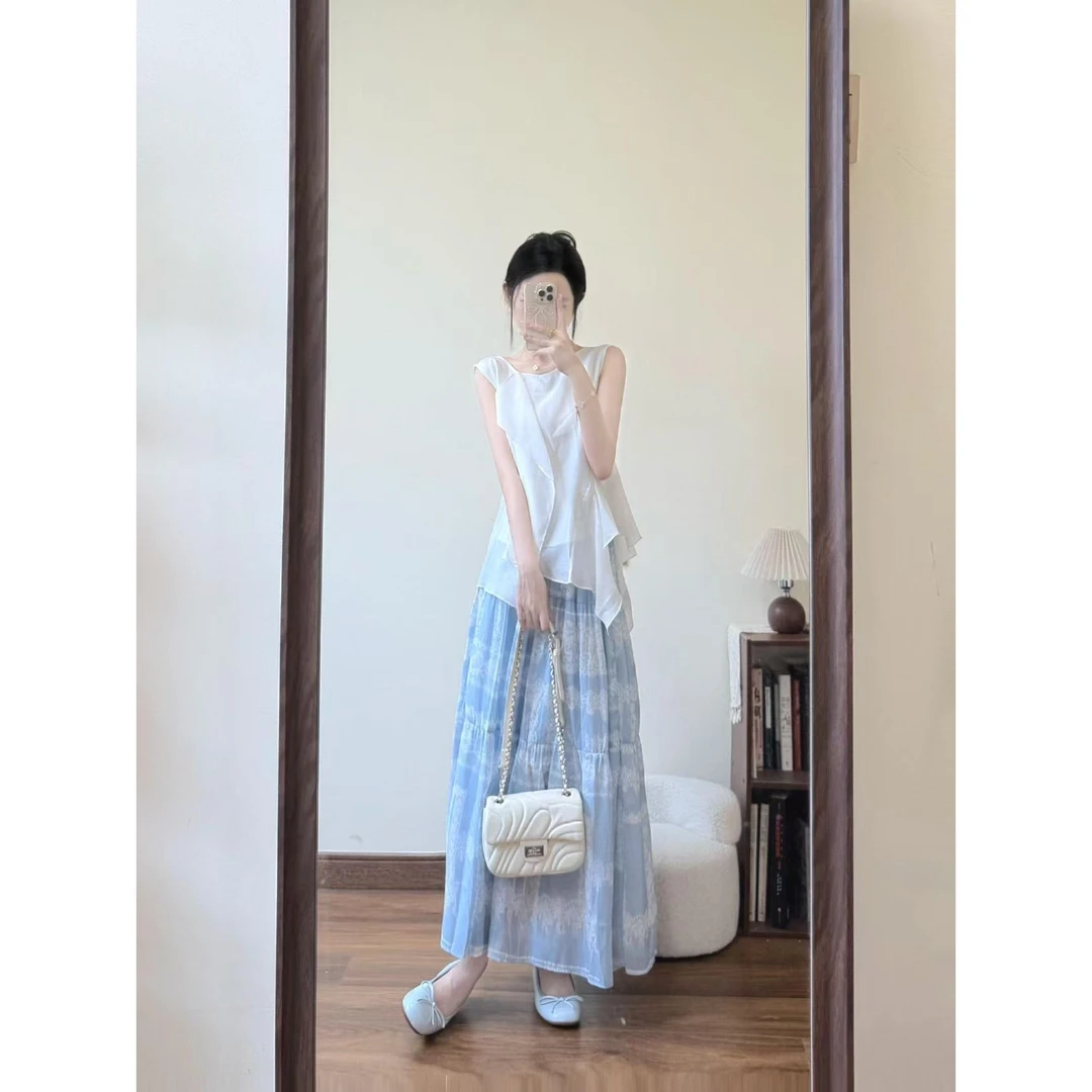 夏季新款韩系荷叶边拼接不规则白色上衣独特漂亮印花半身裙两件套