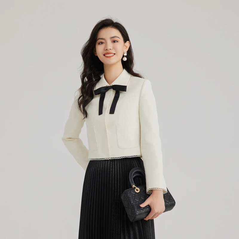 【小熊专属】OBEG欧碧倩小香风撞色蝴蝶结短款秋季女外套50483510