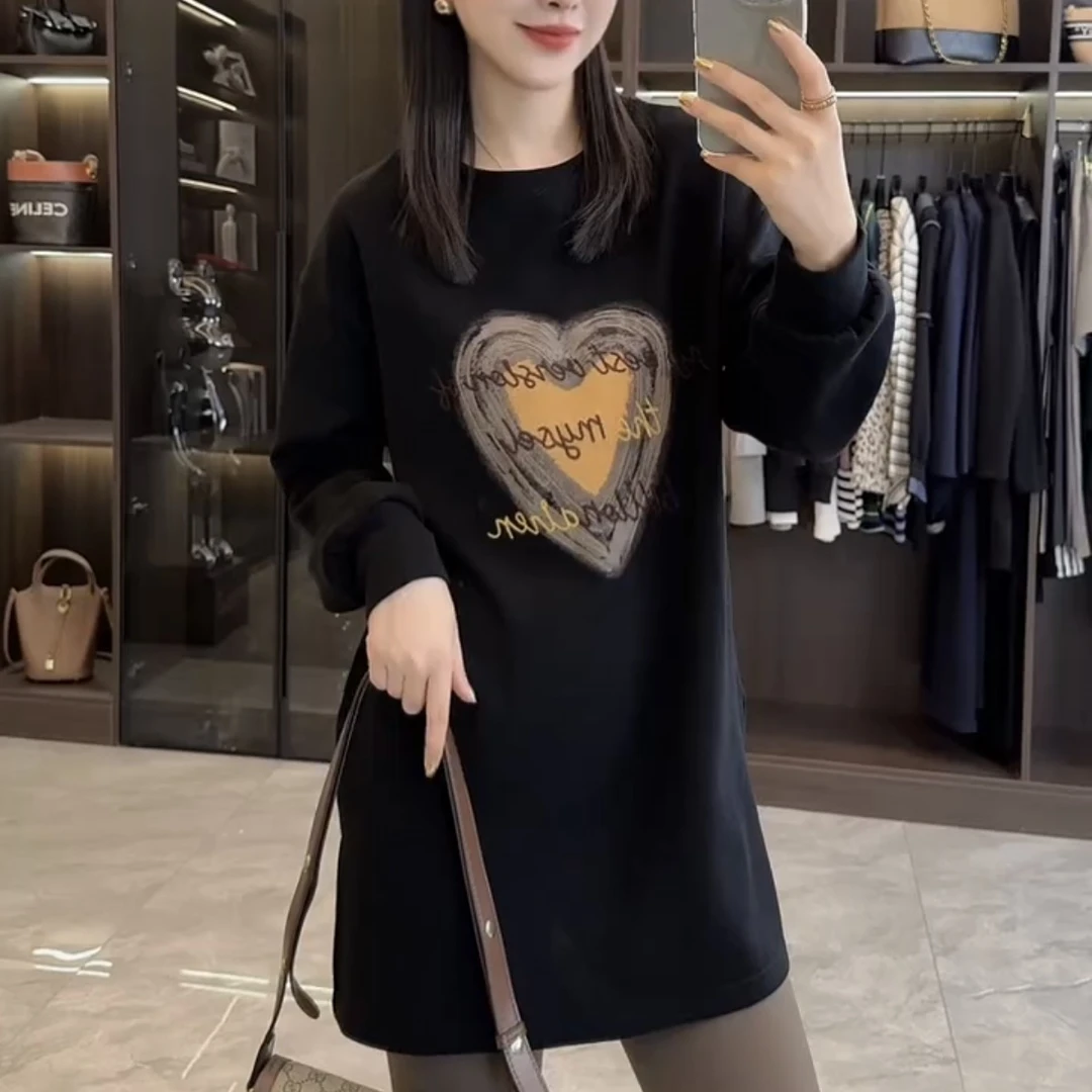 长袖圆领秋季中长款常规百搭字母重工时尚长袖拼接