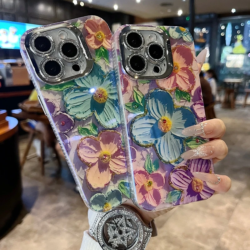 适用苹果系列iPhone16新款手机壳时尚个性蓝橙花全包镜头膜手机壳
