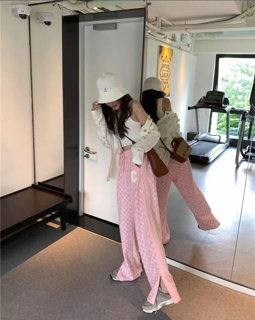 【粉色格子】2025美式街头时尚运动裤女夏设计感休闲阔腿裤8849