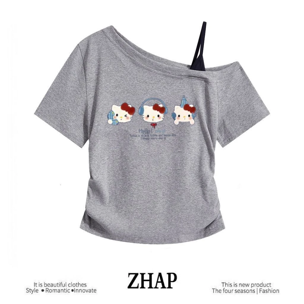 【ZHAP】新款斜肩吊带短袖t恤女露肩浅灰色休闲修身显瘦百搭上衣