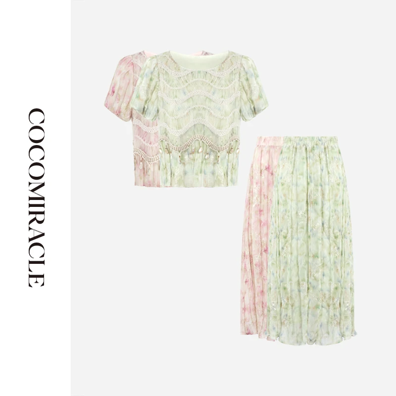 【董小姐】新款印花压褶流苏上衣+显瘦半身裙套装Q51TZ517