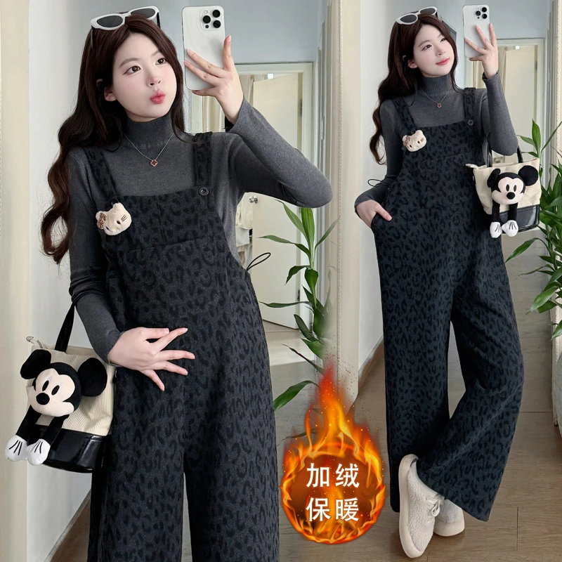 气质豹纹孕妇背带裤秋冬加绒加厚洋气孕妇装秋冬装套装显瘦两件套