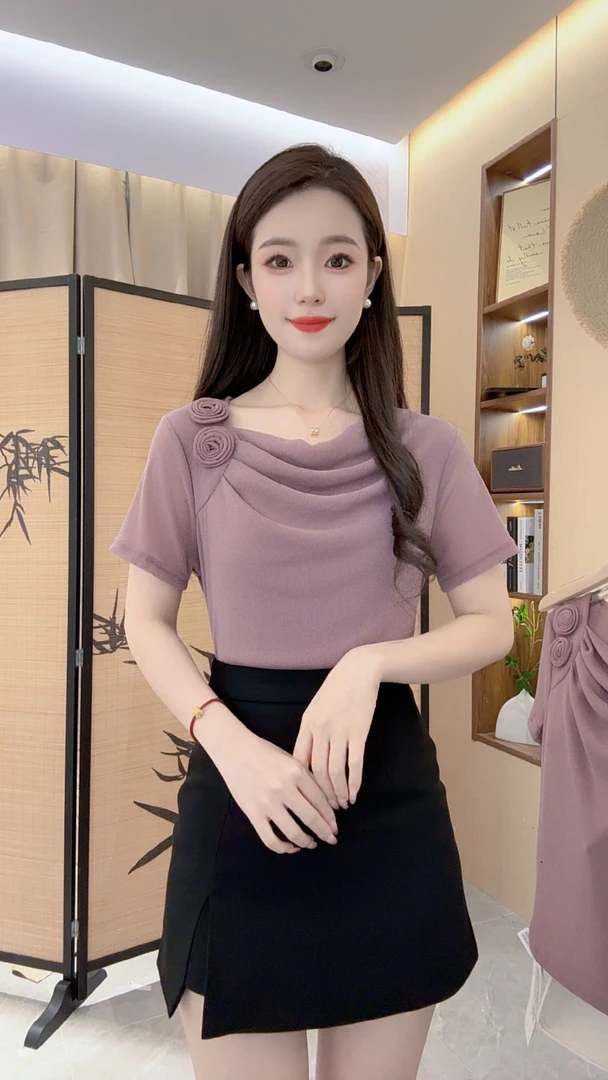 603洋气堆堆领玫瑰花网纱纯色打底衫女春季新款妈妈显瘦弹力上衣