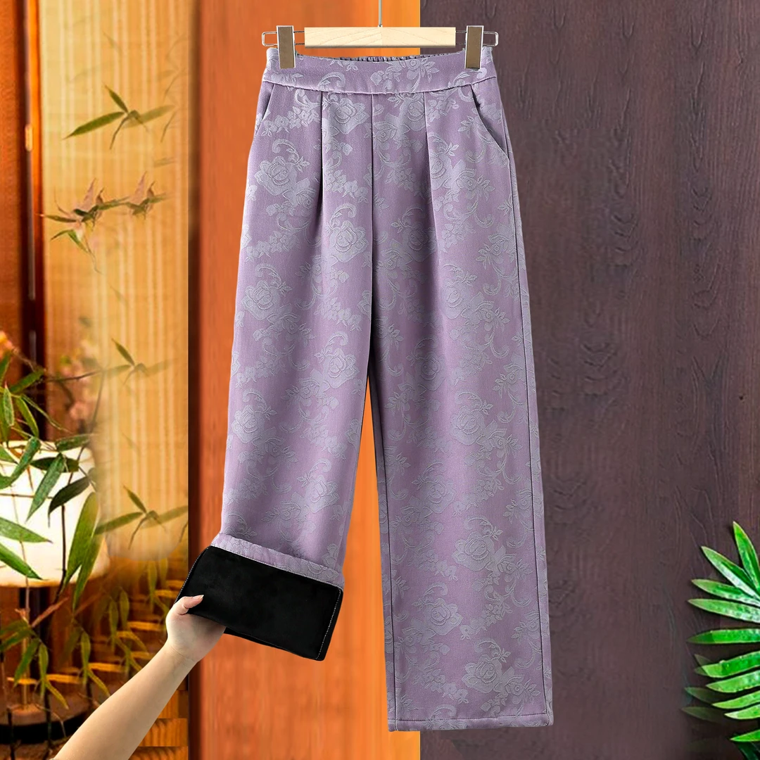 秋冬松紧腰冬季口袋新中式休闲裤中国风唐装直筒复古提花宽松女士